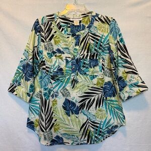 Cathy Daniels Blouse Linen Blend Tropical Leaf Print Medium 3/4 Sleeve Hawaiian